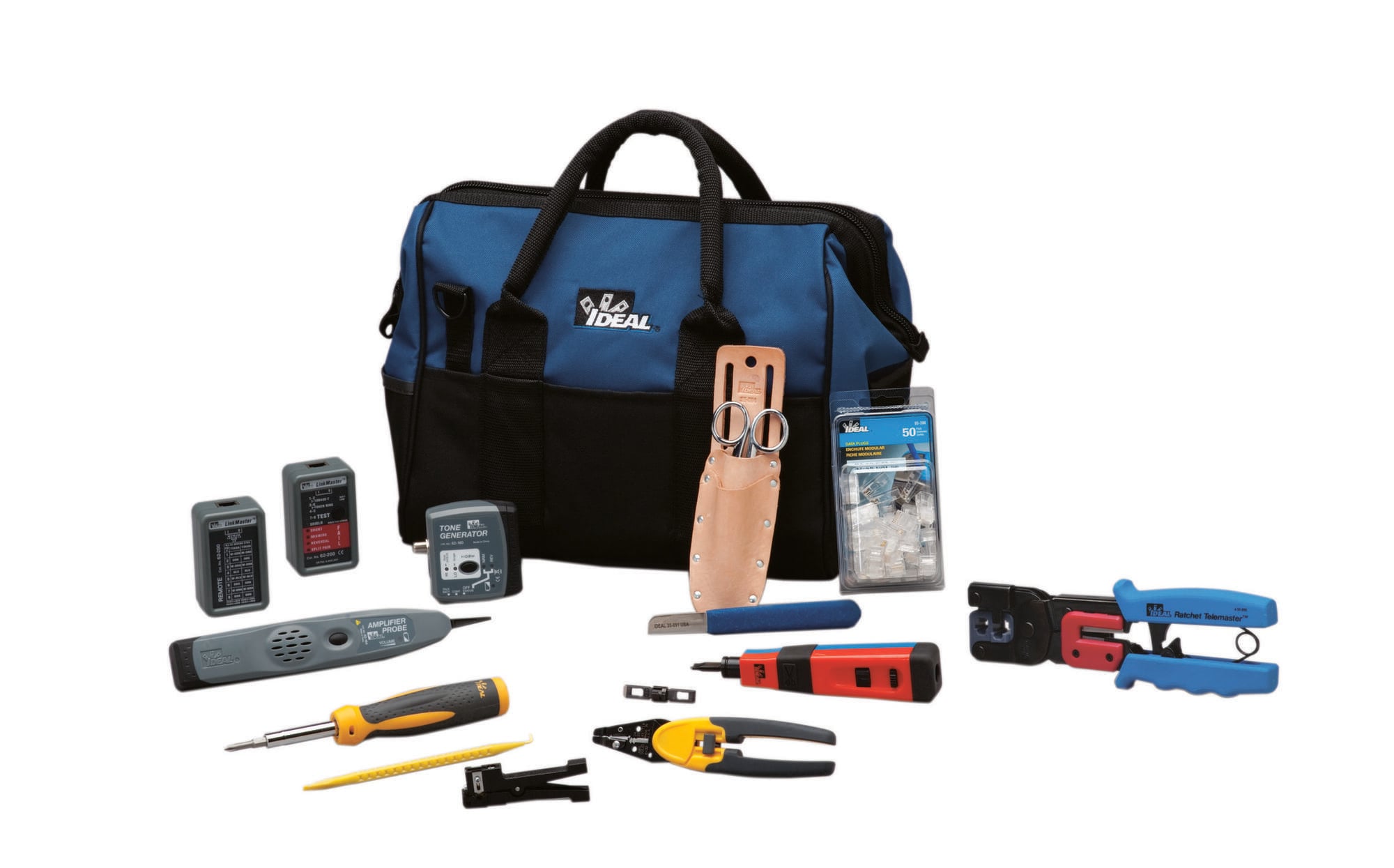 IDEAL, Master Series Network Service Kit, Network, Includes: (1) 30-696 Ratchet Telemaster, (1) 35-485 Punchmaster II Punch Down Tool With 110 Blade, (1) 35-473 Probe Pick & Spudger, (1) 45-165 Coaxial Stripper, 3/16 Inch To 5/16 Inch, (1) 35-093 Cable Splicing Kit, (1) 35-497 Replacement Blade, Punchmaster II Turn-Lock Style 66 Blade, (1) 62-200 LinkMaster Tester, (1) 35-908 7-in-1 Twist-a-Nut Screwdriver/Nutdriver, (1) 33-864 Tone Generator And Amplifier Probe Kit, (1) 62-096 Smart6 Modular Tester, (1) 45-719 Kinetic T-Stripper/Tel Crimp Tool, (1) 85-396 8-Position 8-Contact Round Solid, (RJ-45) (Package of 50) 50, (1) 35-410 Large Mouth Bag - 13 IN long