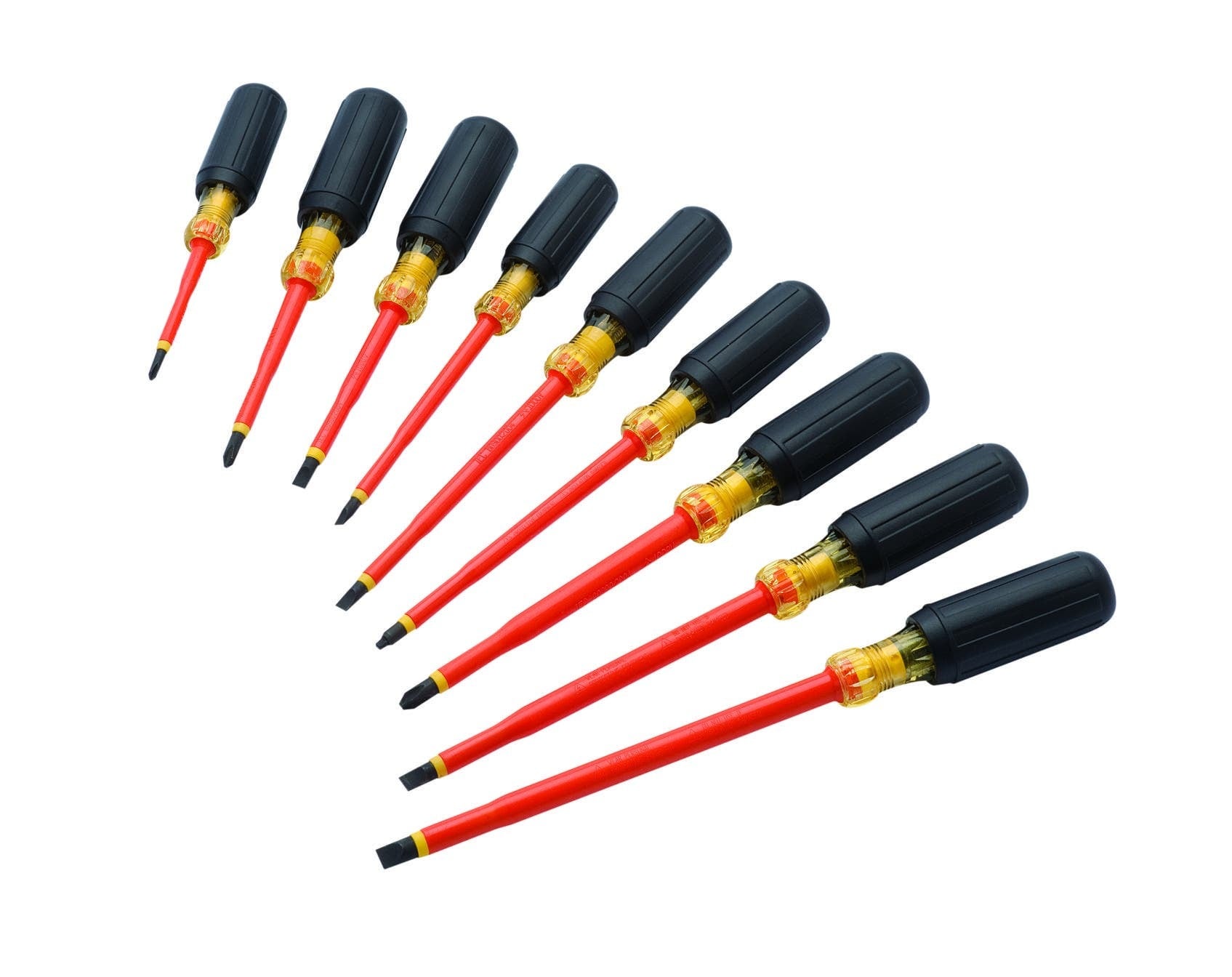Insulated Screwdriver Kit, 9 Pieces, Includes: 35-9193 - #1 X 3-3/16 IN Insulated Phillips, 35-9194 - #2 X 4 IN Insulated Phillips, 35-9196 - #3 X 6 IN Insulated Phillips, 35-9690 - SQ #0 X 1/4 IN X 4 IN Insulated Square, 35-9150 - 1/4 IN X 4 IN Insulated Slotted, 35-9147 - 7/32 IN X 5 IN Insulated Slotted, 35-9151 - 1/4 IN X 6 IN Insulated Slotted, 35-9166 - 5/16 IN X 7 IN Insulated Slotted, 35-9168 - 3/8 IN X 8 IN Insulated Slotted