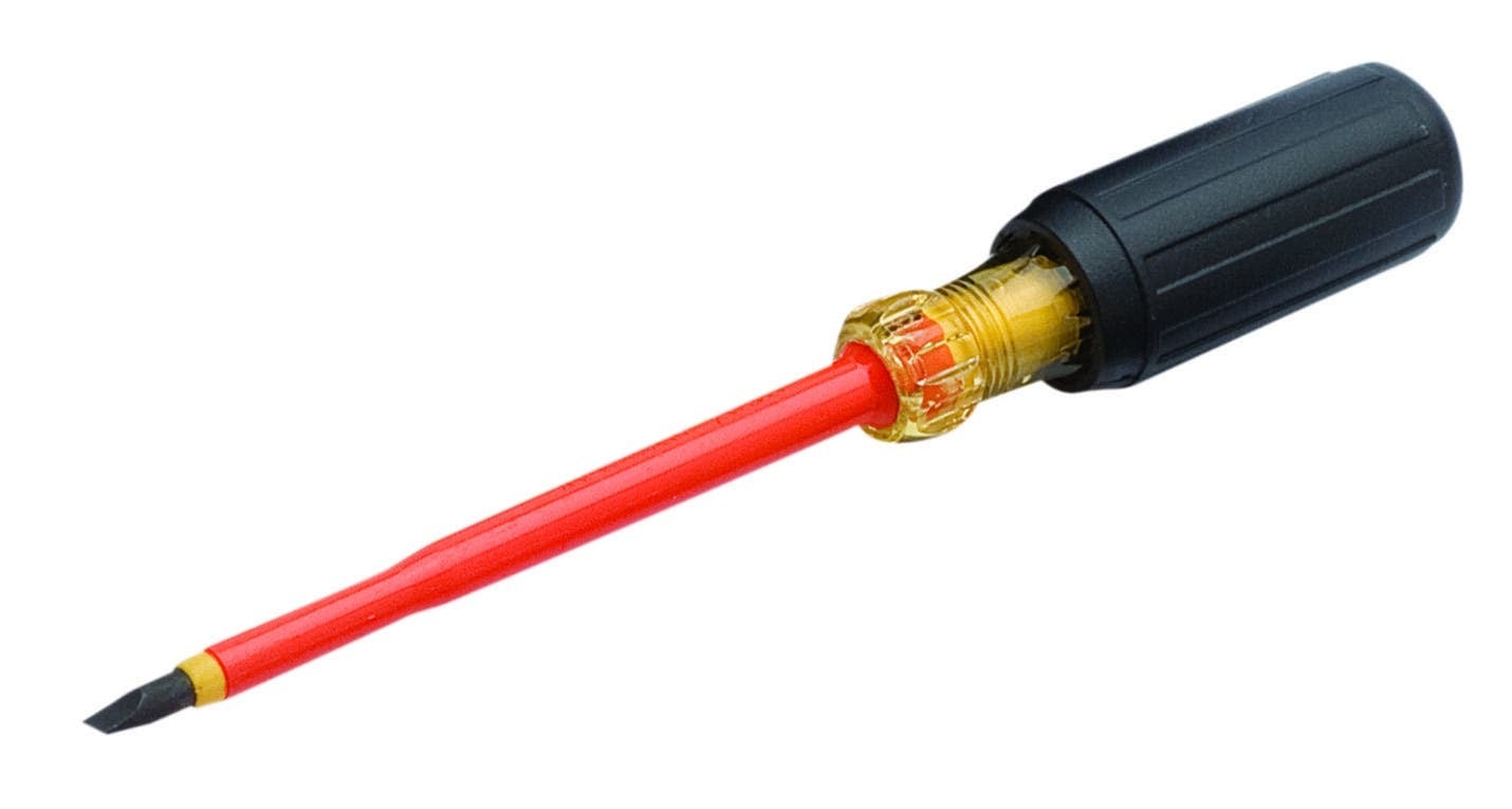 IDEAL, Screwdriver, Insulated, Tip Size: 7/32 IN, Overall Length: 9 IN, Tip Type: Slotted, Handle Length: 3.75 IN, Handle Color: Black, Blade Material: 50Bv30 Steel with orange P.P. sheathed (dual)