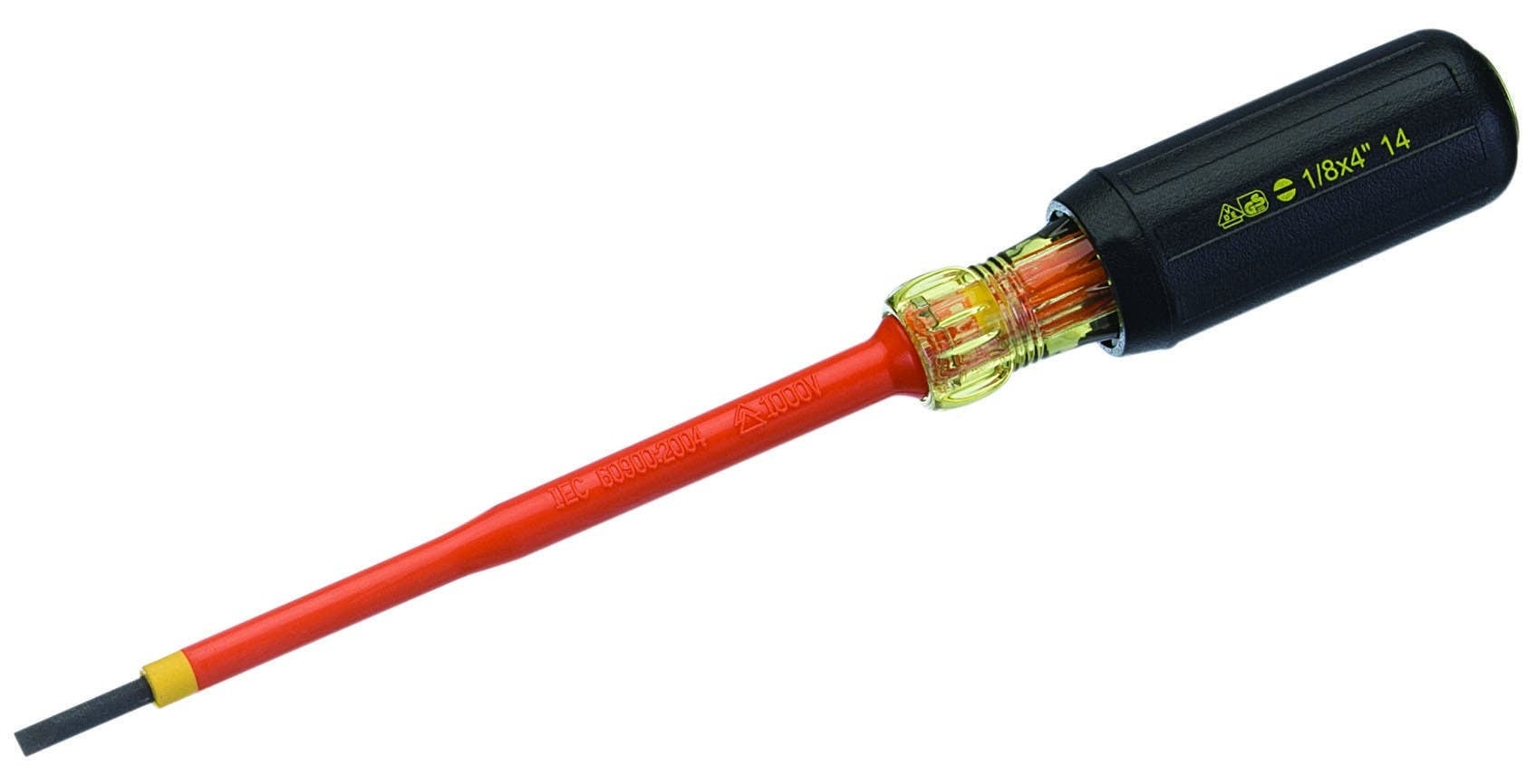 Insulated Slotted Screwdriver, 1/8 IN Tip, Overall Length: 6-3/4 IN, Cushion Grip Handle, Tempered Chrome Vanadium Handle, 4 IN Blade Length, Tempered Chrome Vanadium Blade, 4 IN Shank, Round Shank, Meets ASTM F1505-01 And IEC 60 900, And OSHA Requirements For Insulated Tools 29 CFR 1919