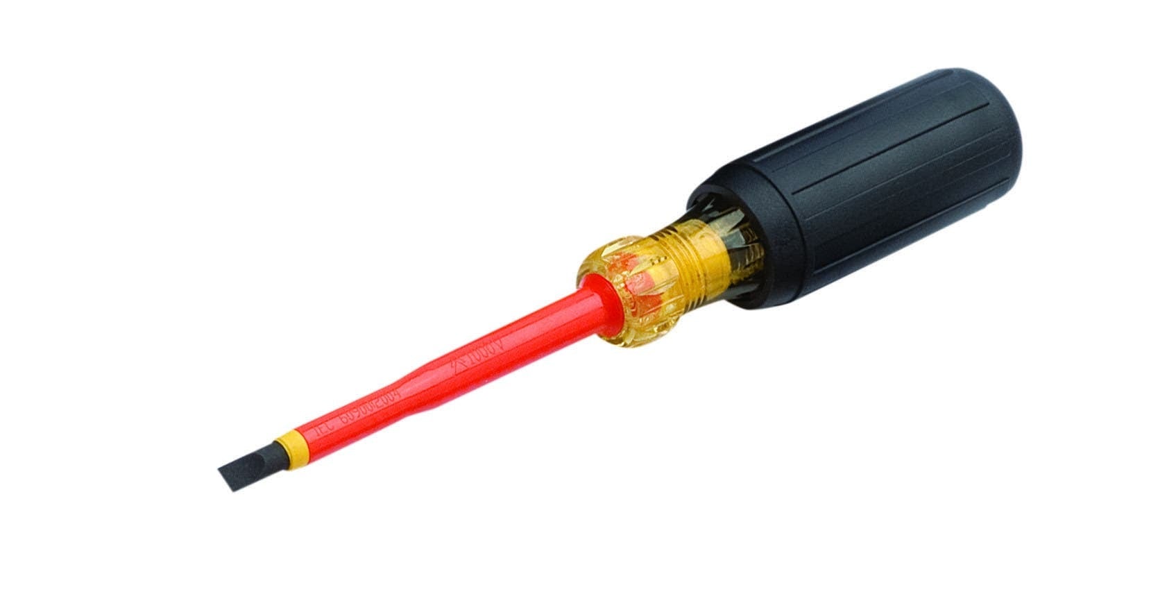 IDEAL, Screwdriver, Insulated, Tip Size: 1/4 IN, Overall Length: 7 IN, Tip Type: Slotted, Handle Length: 4.33 IN, Handle Color: Black, Blade Material: 50Bv30 Steel with orange P.P. sheathed (dual)