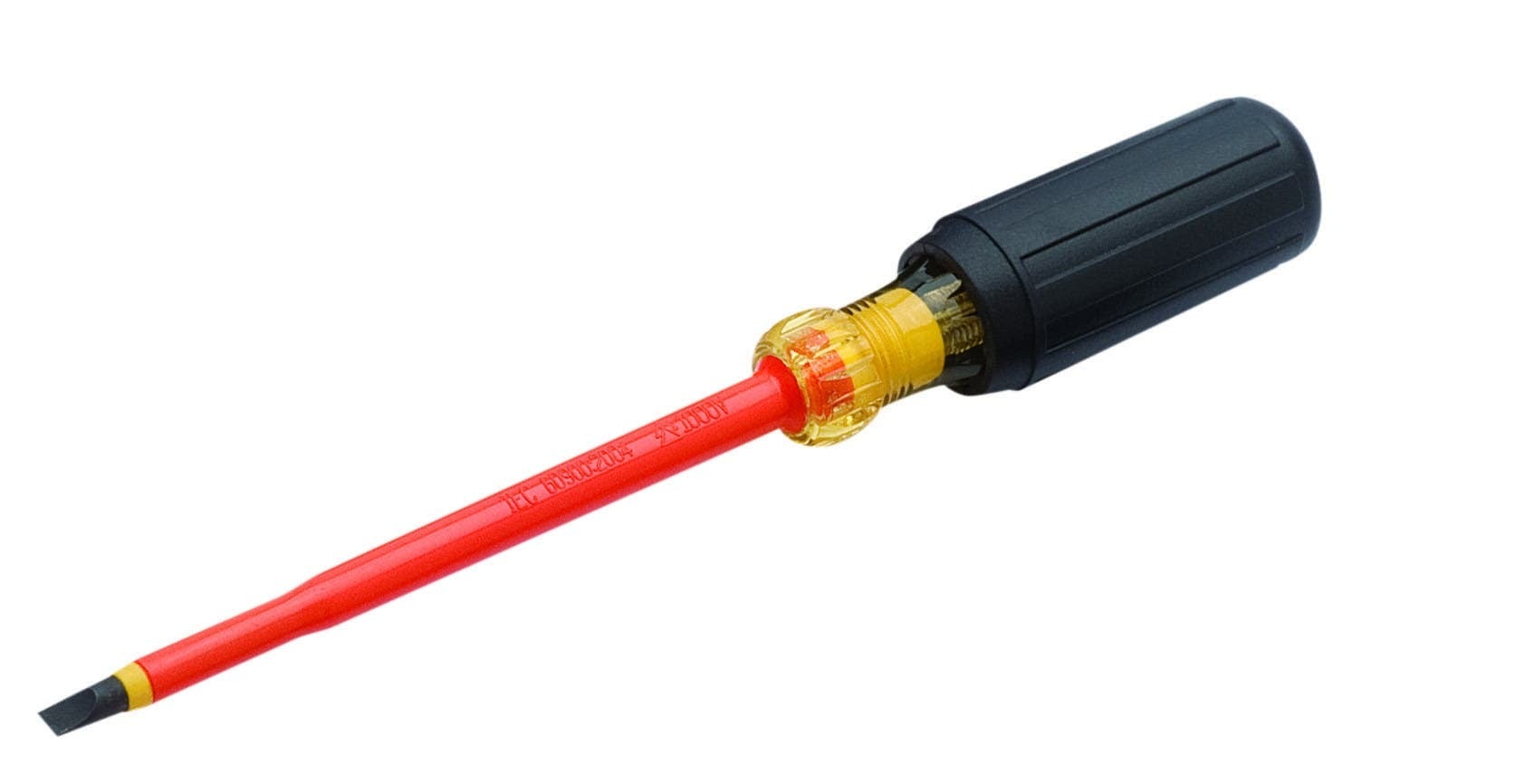 IDEAL, Screwdriver, Insulated, Tip Size: 1/4 IN, Overall Length: 10 IN, Tip Type: Slotted, Handle Length: 4.33 IN, Handle Color: Black, Blade Material: 50Bv30 Steel with orange P.P. sheathed (dual)