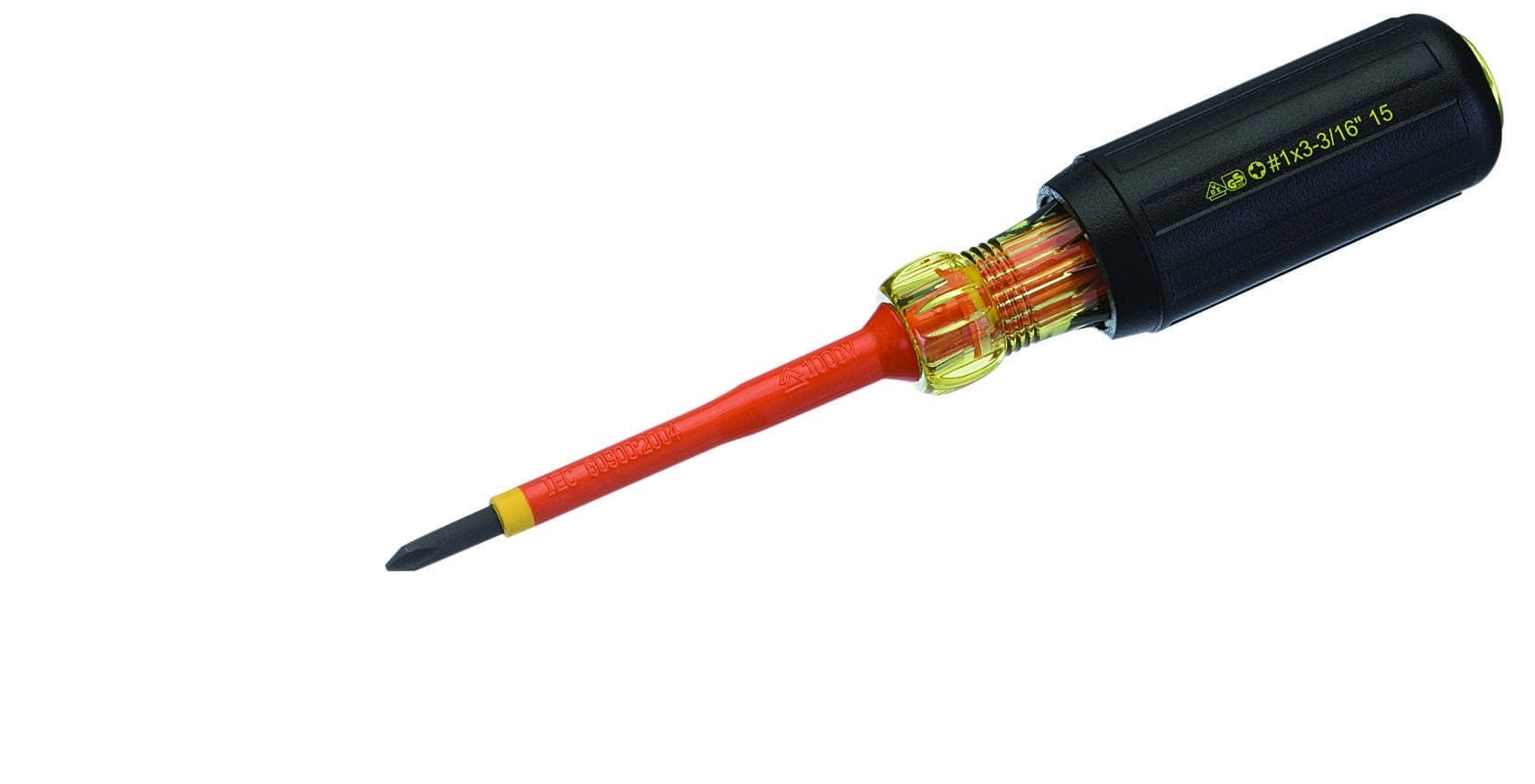 IDEAL, Screwdriver, Insulated, Tip Size: #1, Overall Length: 7 IN, Tip Type: Phillips, Handle Length: 3.75 IN, Handle Color: Black, Blade Material: 50Bv30 Steel with orange P.P. sheathed (dual)