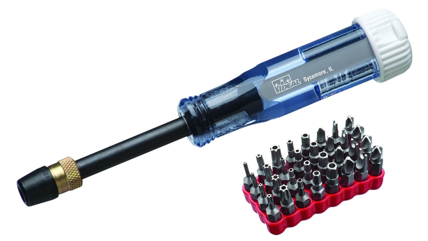 Quick Change Screwdriver Set, Overall Length: 7-1/4 IN, 4-3/16 IN Handle, Cellulose Acetate Handle, 3-1/16 IN Blade Length, Steel Blade, Black Oxide-Coated Blade, 33 Pieces, Includes: Quick Change Screwdriver And 32-Piece Tamper-Proof Bit Block