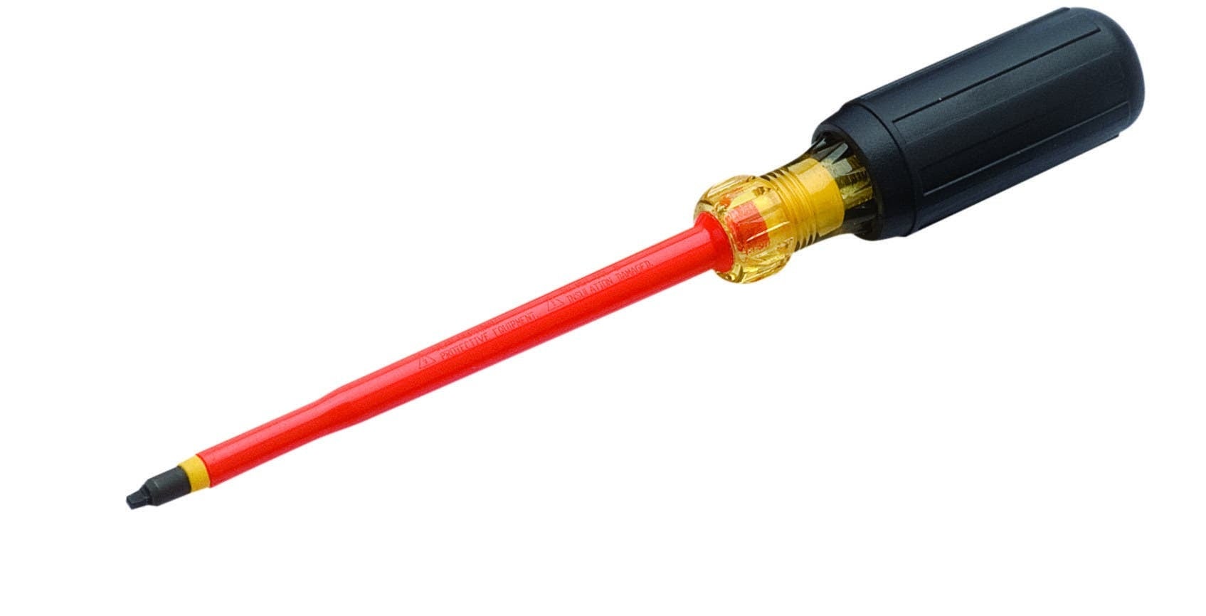 IDEAL, Screwdriver, Insulated, Tip Size: #0, Overall Length: 10.5 IN, Tip Type: Square, Handle Length: 4.33 IN, Handle Color: Black, Blade Material: 50Bv30 Steel with orange P.P. sheathed (dual), Shank Diameter: 1/4 IN
