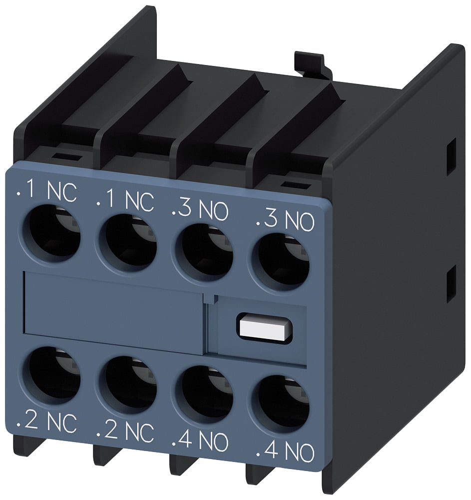 Aux.switch block,front,2NO+2NC, curr.path 1NC, 1NC, 1NO, 1NO, f. cont. relays a. motor cont., sz s00 and s0, screw terminal .1 / .2,.1 / .2,.3 / .4,.3 / .4