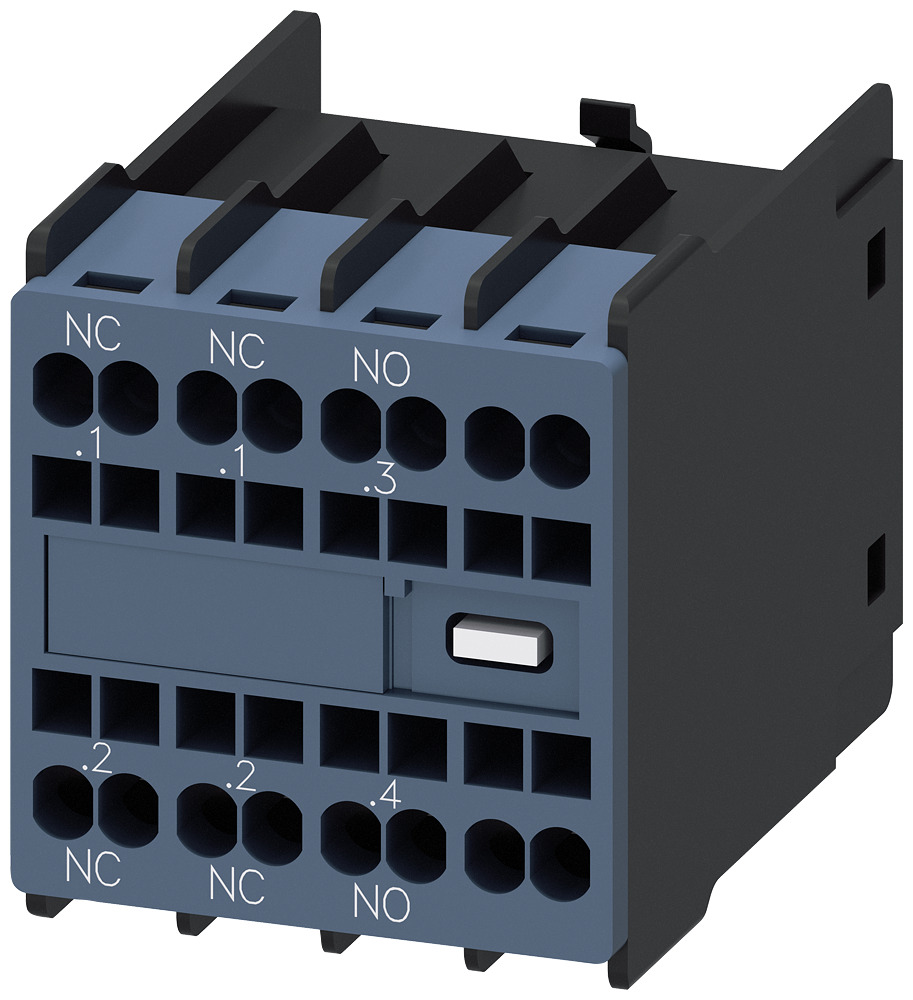 Aux.switch block,front,1NO+2NC, curr.path 1NC, 1NC, 1NO, f. cont. relays a. motor cont., sz s00 and s0, spring-loaded terminal .1 / .2, .1 / .2, .3 / .4