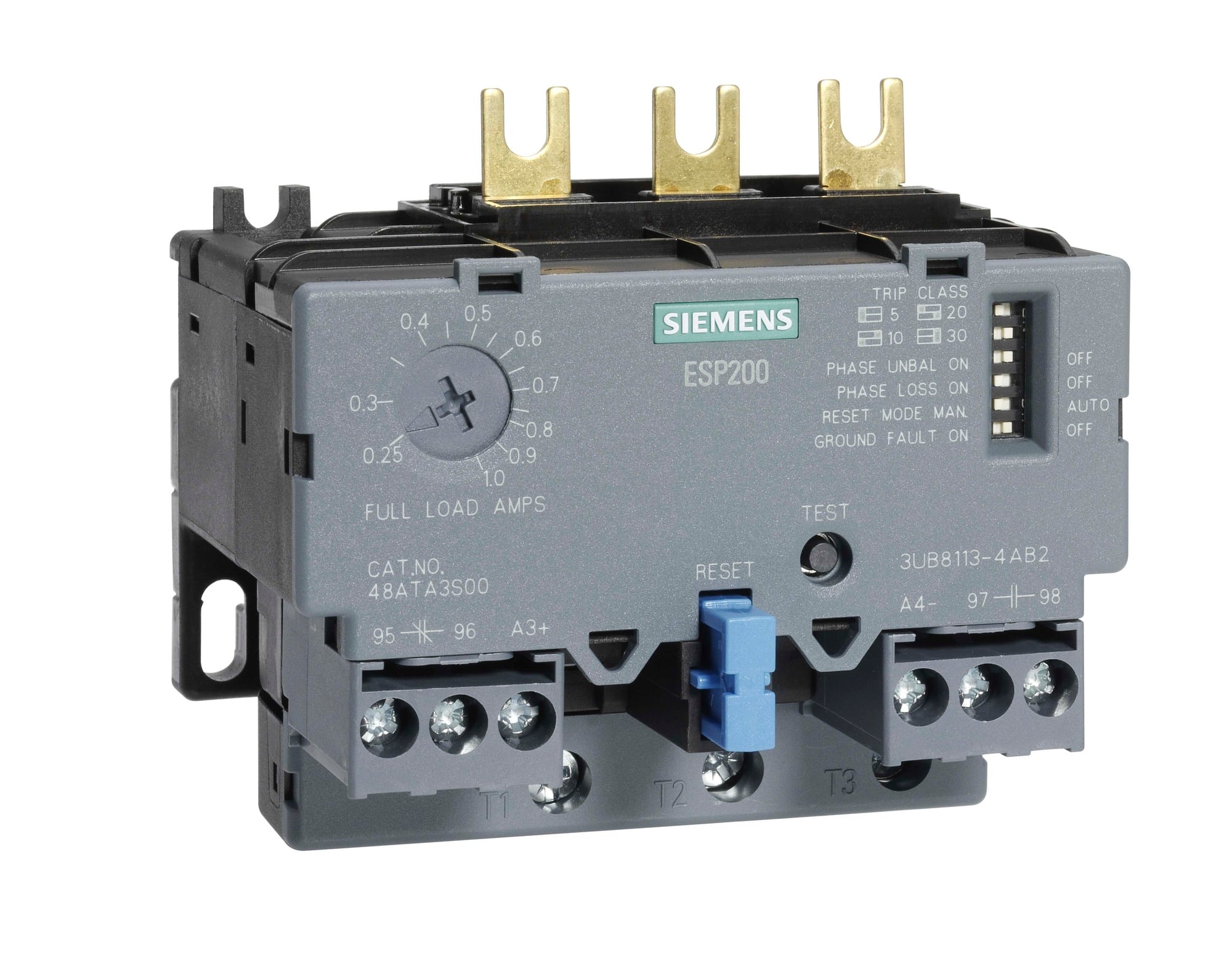 Esp200 catalog no 48atb3s00 solid state overload relay for motor protection 0.75 to 3.4 amp size a 3 phase class 5...30, switchable direct mounting and stand-alone main circuit screw terminals auxiliary circuit scrw terminal manual automatic reset