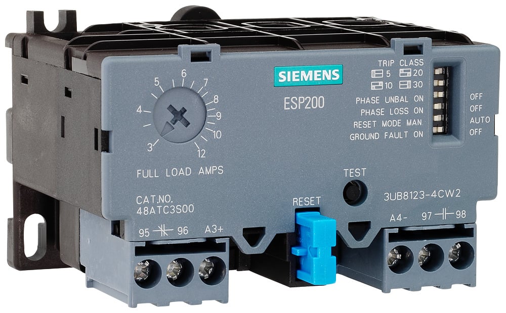 Esp200 catalog no 48atd3s00 solid state overload relay for motor protection 5.5to 22 a size a1, 3 phase class 5...30, switchable direct mounting and stand-alone main circuit windows auxiliary circuit scrw terminal manual automatic reset