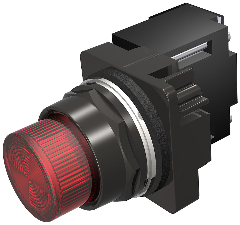 30mm BlackMax, Epoxy Coated Corrosion Resistant Complete Metal Unit IlluminatedIndicator Light Full Voltage type, 120V AC/DC LED Lamp, BA9s Plastic Lens, Red UL Listed, CSA Certified NEMA 1,3,3R,4,4X,12,13 ( & ) Automotive Standards
