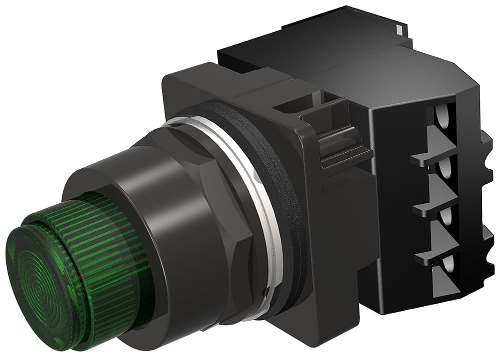 30mm blackmax, epoxy coated corrosion resistant complete metal unit ptt / illuminated pushbutton full voltage, 24V AC/DC led lamp extended button plastic lens,green 2 position momentary with 1 n.o. - 1 n.c. heavy duty contacts, a600/p600 ul listed,
