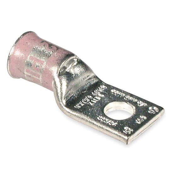 Copper Two-Hole Lug, Standard Barrel - Narrow Tongue, Peep Hole, Max 35kV, Wire Size 535 kcmil, 1/2 Inch Bolt Size, 1-3/4 Inch Hole Spacing, Tin Plated, Pink 99
