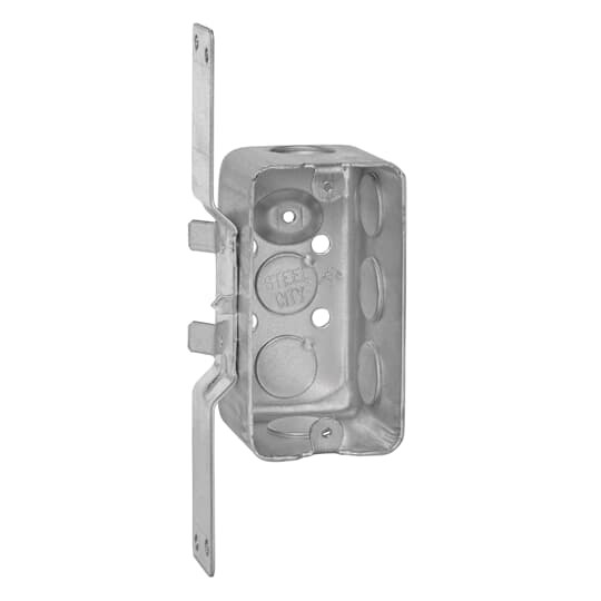 One Gang Utility Box, 14.5 Cubic Inches, 4 Inches Long x 2-1/8 Inches Wide x 2-1/8 Inches Deep, 1/2 Inch Knockouts, Pre-Galvanized Steel, Drawn Construction, Factory Provided Raised Ground Screw Location and CV Bracket Recessed 1/2 Inch, For use with Conduit, for Retail