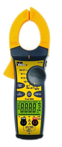 IDEAL, Clamp Meter, TightSight, 760 Series With TRMS, Capacitance, Frequency, Resistance: 0 To 999.9 OHM , 1000 To 9999 OHM At 1.5PCT + 5 Accuracy, Capacitance: 0 To 999.9 MFD At 5 PCT Plus 15 Accuracy, Display: 4 Digit LCD With 9999 Counts For Both Displays With 41 Segment Analog Bar Graph On Front Display