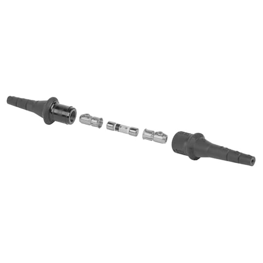 Copper Breakaway Single Pole In-line Street Light Kits, conductor size AWG 14-6. Dimension length is of 3.54 inches on the load side and of 4.21 inches  on the line side. Fuse not Included with kit - DO NOT use Glass Fuses.  Kit includes Line and Load side Housings, Metal Fuse Sockets, Assembly Dowel, Lubricant, wiper and Installation Instructions.