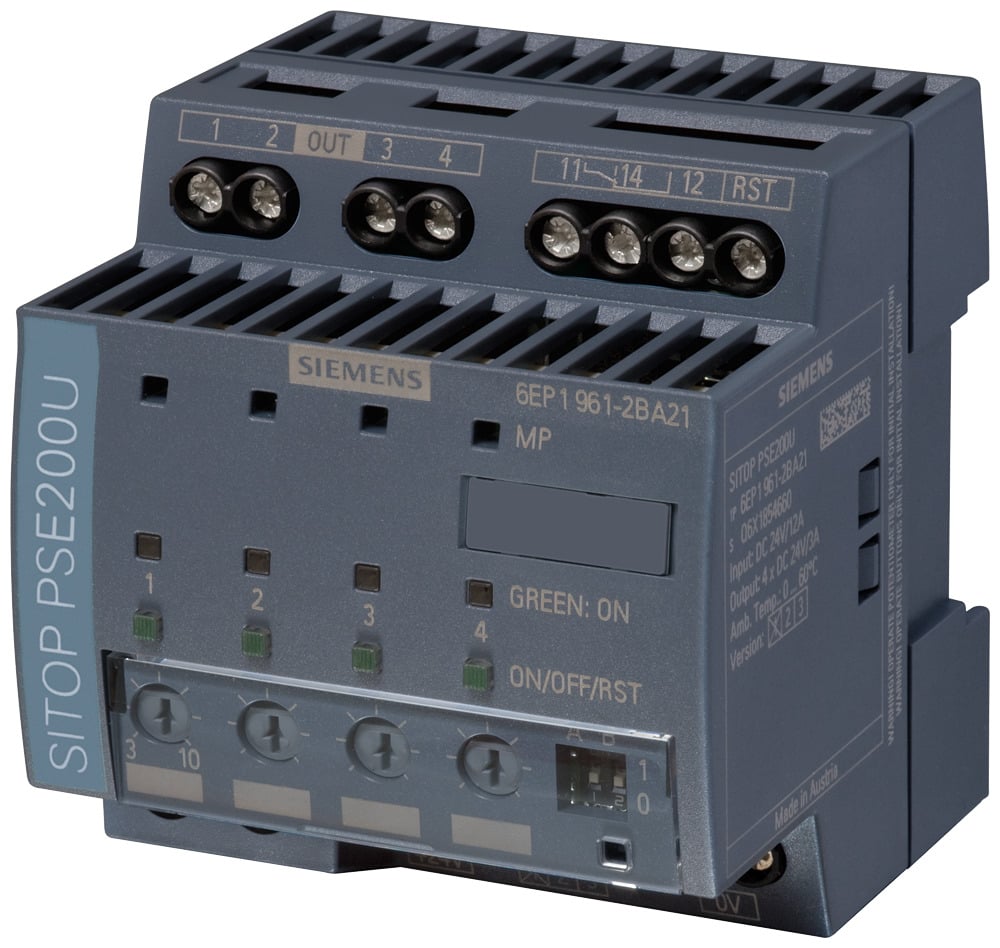 SITOP PSE200U 10 A Selectivity module 4-channel input 24 V DC/40 A output 24 V DC/4x 10 A Level adjustable 3-10 A with common signaling contact