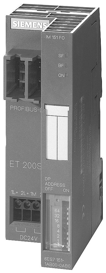 SIMATIC DP, INTERFACE MODULE IM151-1 FO FOR ET200S TRANSMISS. RATE UP TO 12MBIT/S DATA VOLUME 244 BYTE FOR EACH INPUT AND OUTPUT MAX. OF 63 POWER, ELECTR. OR MOTOR STARTER MODULES CONNECTABLE BUS INTERFACING VIA INTEGR. FO INTERFACE INCL. TERMINATING MODULE