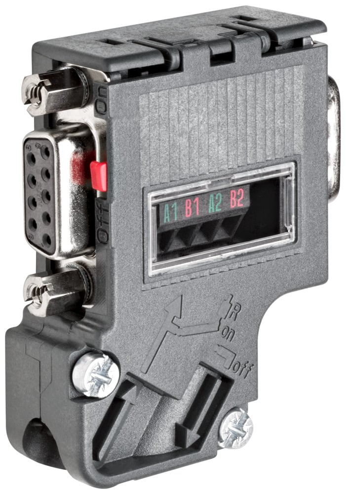 SIMATIC dp, bus connector for PROFIBUS up to 12 mbit/s with tilted cable outlet, 15,8 x 54 x 39,5 mm (wxhxd), terminat. resist. with isolat. function, with pg socket