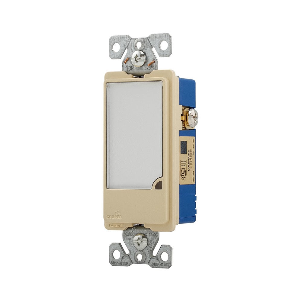 Eaton full LED nightlight, Dimmable, #14-12 AWG, 15A, Flush mount, 120V, Back and side wiring, Ivory, Decorator, Thermoplastic