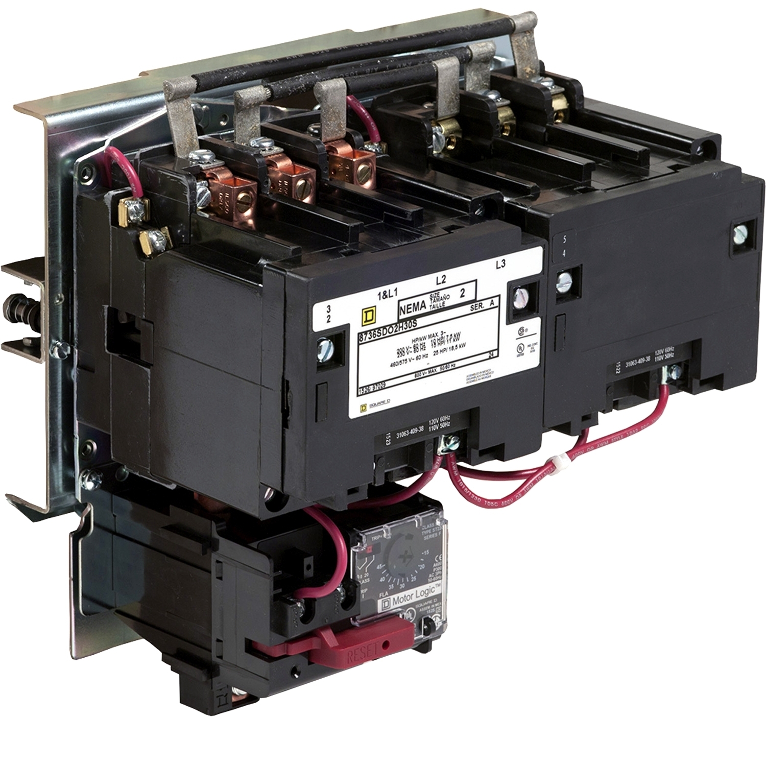 NEMA starter, Type S, reversing, horizontal, Size 2, 45A, 25HP at 575VAC, up to 100kA SCCR, 3 phase, 3 pole, Motor Logic SSOLR, 120VAC coil, open [TAA]