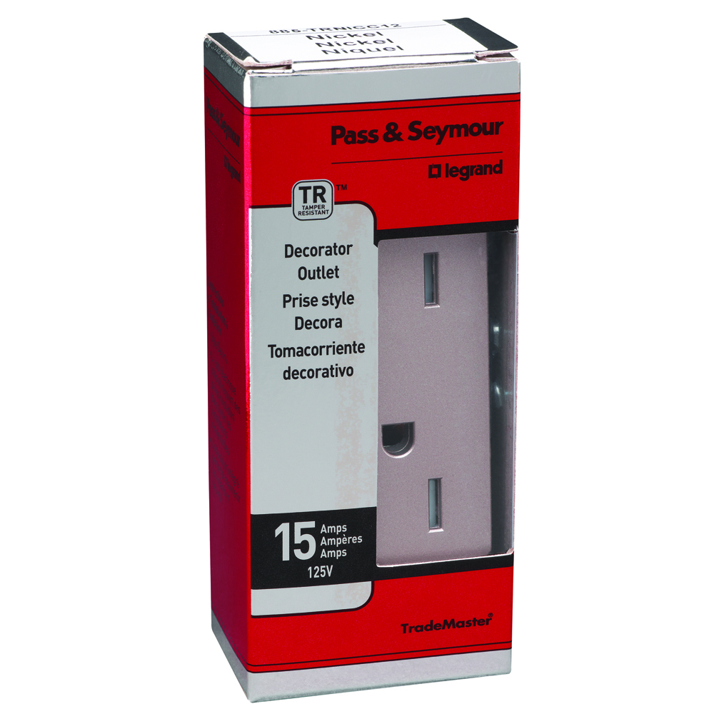 Nickel Decorator Tamper-Resistant Receptacle, 15 amp 125 volt. Our complete line of Decorator devices combine today's design aesthetics with ease of installation, reliability, and performance that never goes out of style.