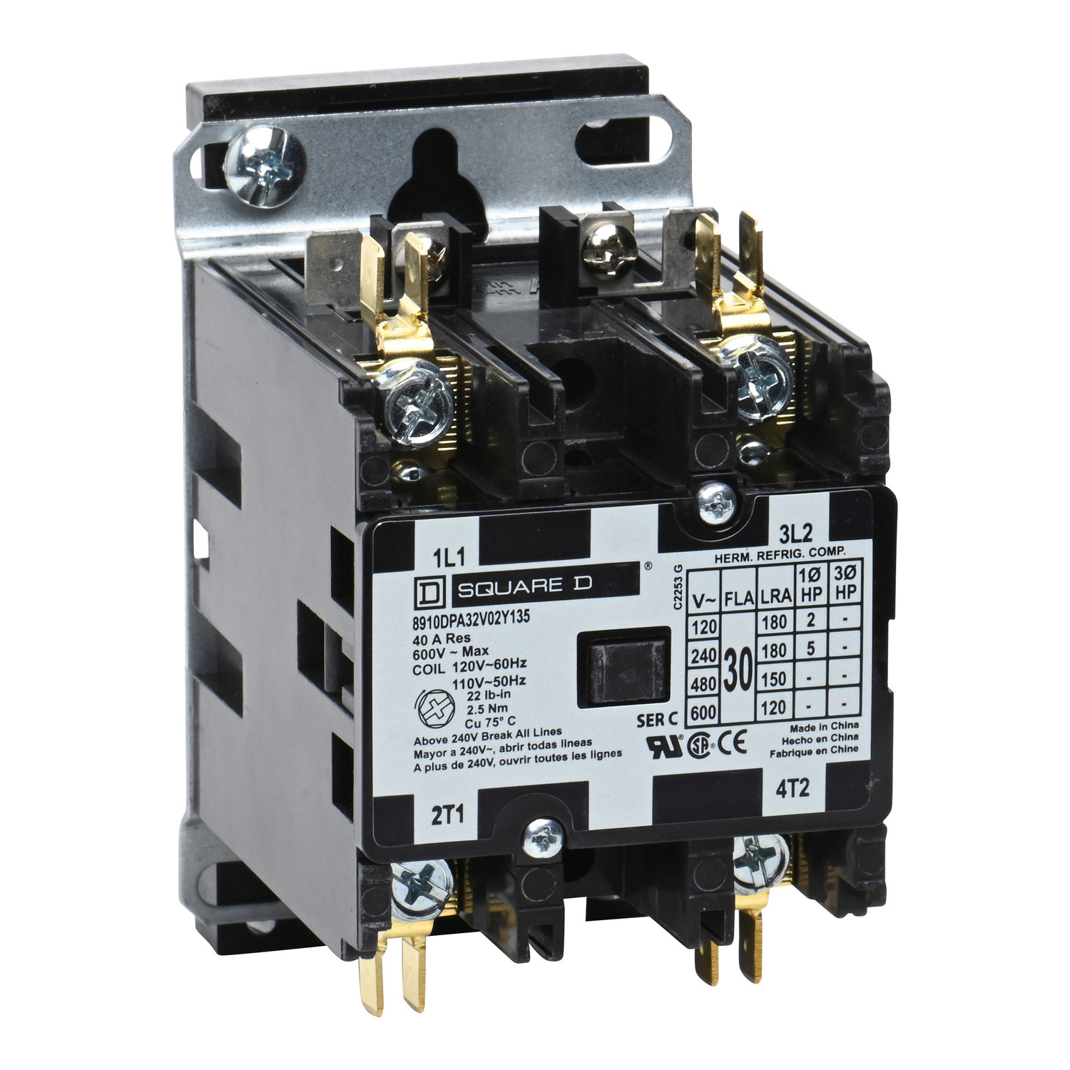 Contactor, Definite Purpose, 30A, 2 pole, 5HP at 230VAC, 1 phase, 110/120VAC 50/60Hz coil, open, DIN rail mount