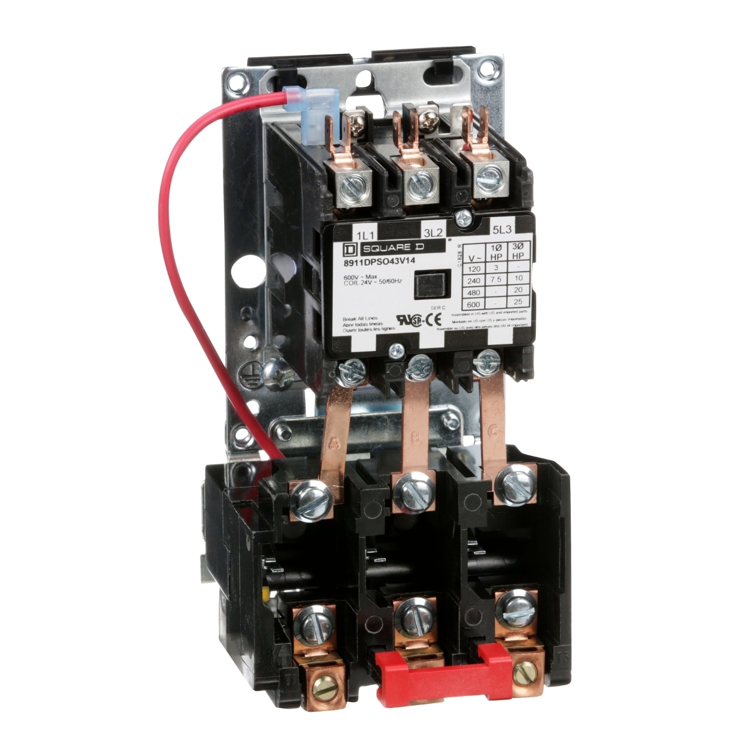 NEMA starter, Definite Purpose, 40A, 25HP at 600VAC, 3 phase, 3 pole, melting alloy overload, 24VAC coil, open