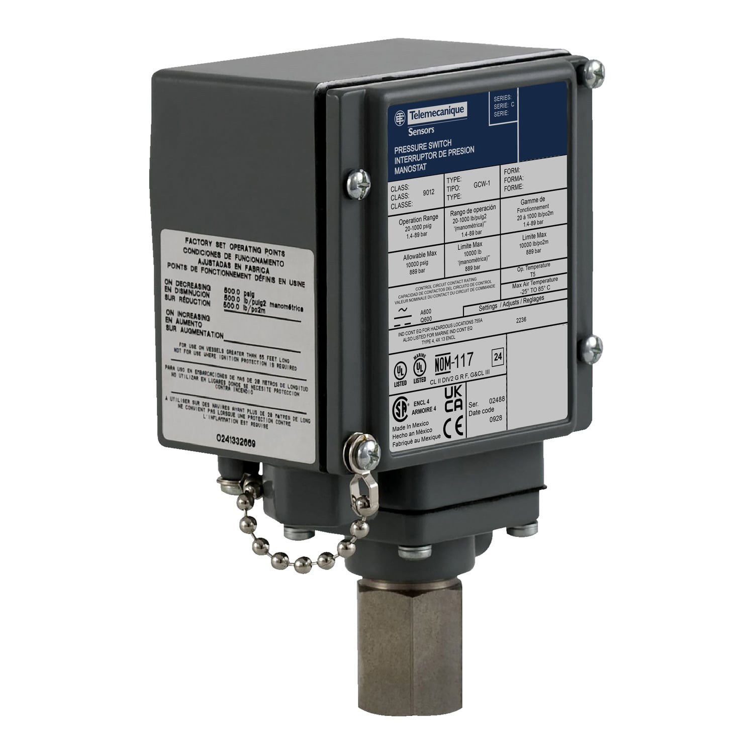 9012G, pressure switch 9012 g, adjustable scale, 2 thresholds, 170 to 5600 PSIG