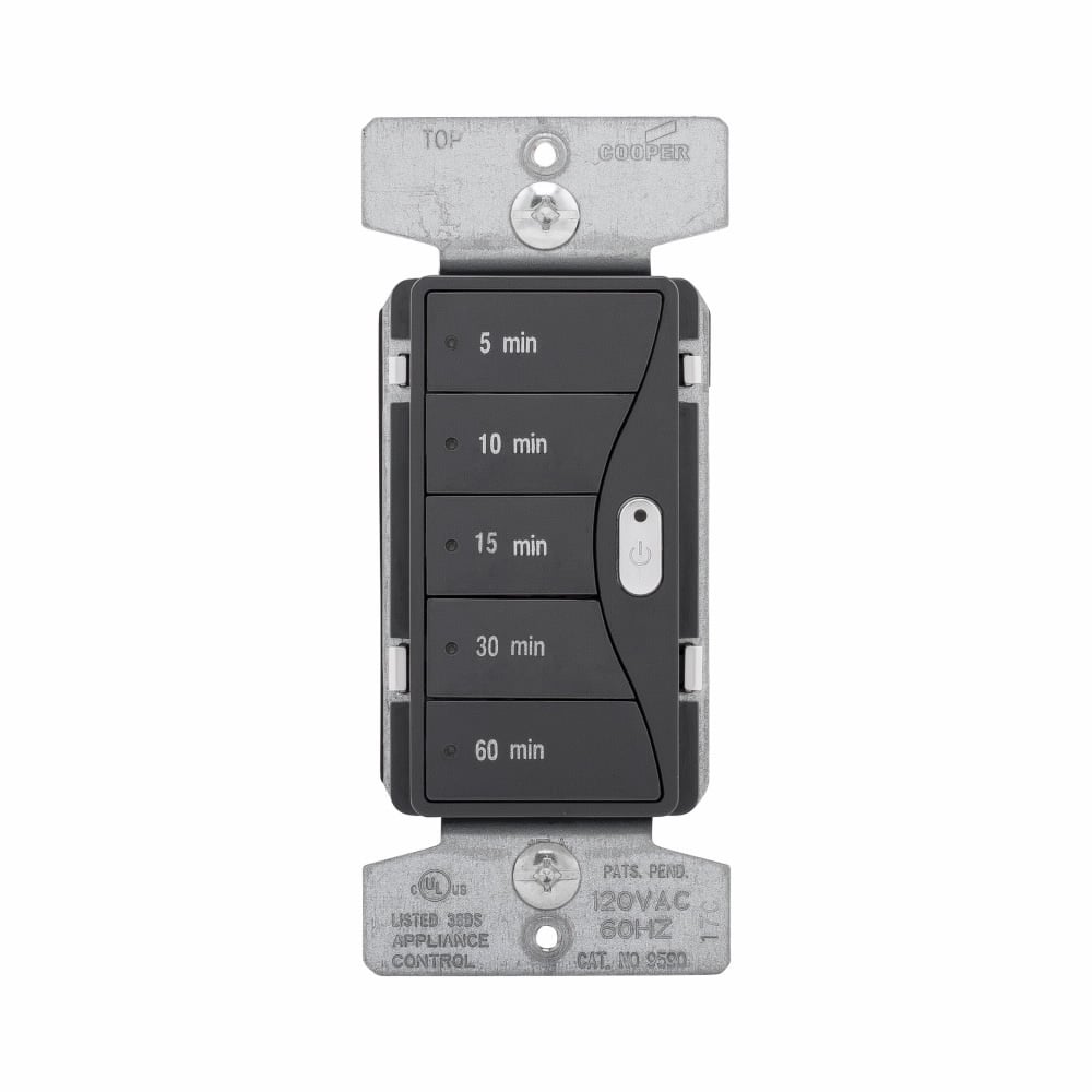 Eaton Aspire minute timer, 5, 10, 15, 30, and 60 minute default time settings, 15A, 120V, Wire leads, Five button, Silver granite, Load type: Incandescent, halogen, MLV, ELV, fluorescent, CFL, LED, Single-pole, Polycarbonate, 1800W
