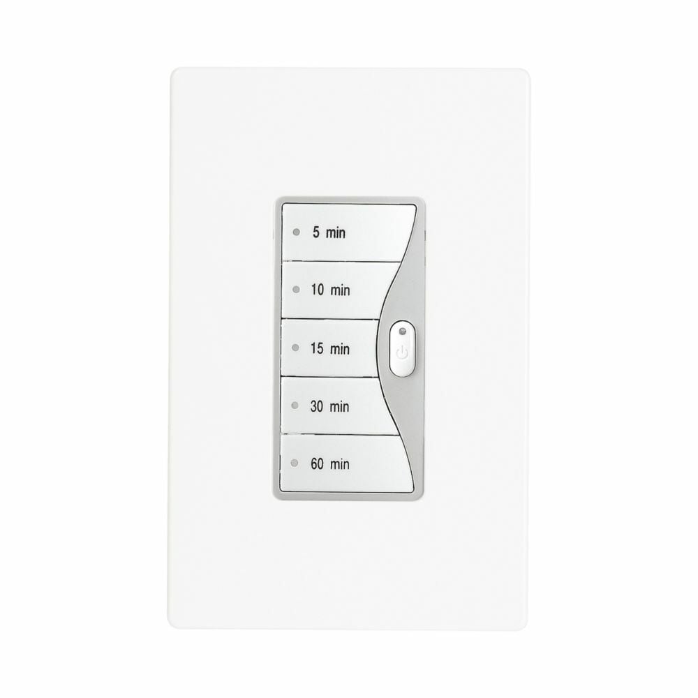 Eaton Aspire minute timer, 5, 10, 15, 30, and 60 minute default time settings, 15A, 120V, Wire leads, Five button, White satin, Load type: Incandescent, halogen, MLV, ELV, fluorescent, CFL, LED, Single-pole, Polycarbonate, 1800W