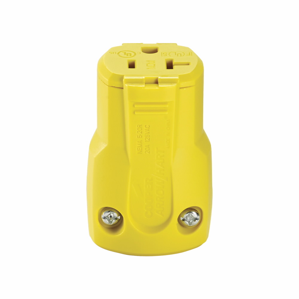 Eaton Arrow Hart quick grip straight blade connector, #16-12 AWG, 20A, Industrial, 125V, Back wire, Yellow, Brass, Polycarbonate with thermoplastic housing, 5-20R, Two-pole, three-wire, grounding, Screw, 0.33-0.66", Nylon, Core pack