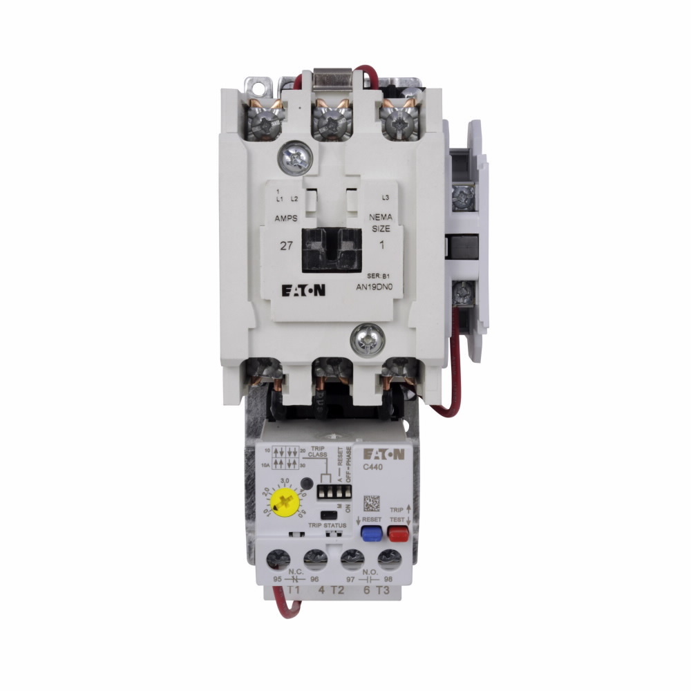 Eaton Freedom NEMA motor control starter,NEMA Non-reversing Freedom Series starter,With C440 EOLR Ground fault feature set,SEL Reset,SEL Class (10,20),120V/60 Hz or 110V/50 Hz coil voltage,Horizontal mount,27A,4-20A fla range,Size 1