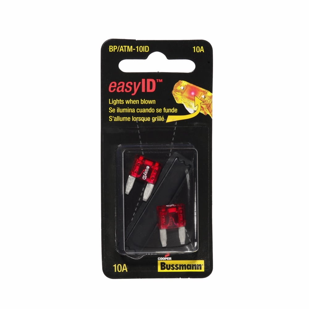 Eaton Bussmann series ATM easyID blade fuse, Color code red, 32 Vdc, 10A, 1 kAIC, Non Indicating, easyID blade fuse, Blade end, Colored plastic housing