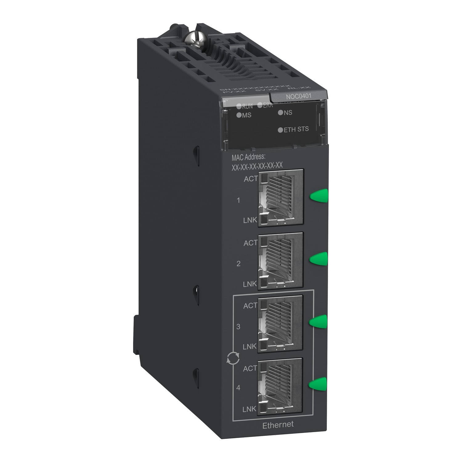network module, Modicon M340, EtherNet/IP and Modbus/TCP, 4 x RJ45