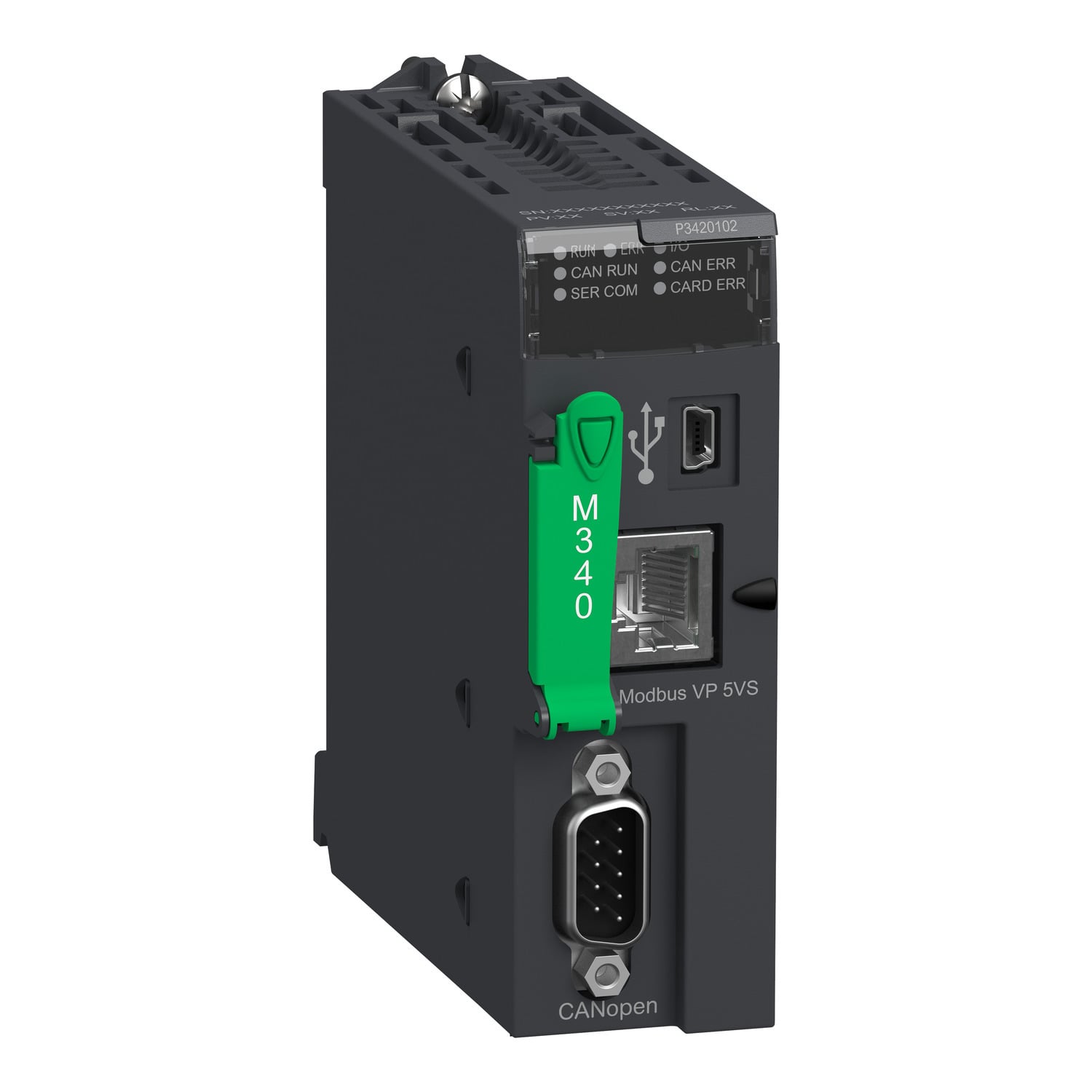 processor, Modicon M340, max 1024 discrete, 256 analog IO, Modbus, CANopen
