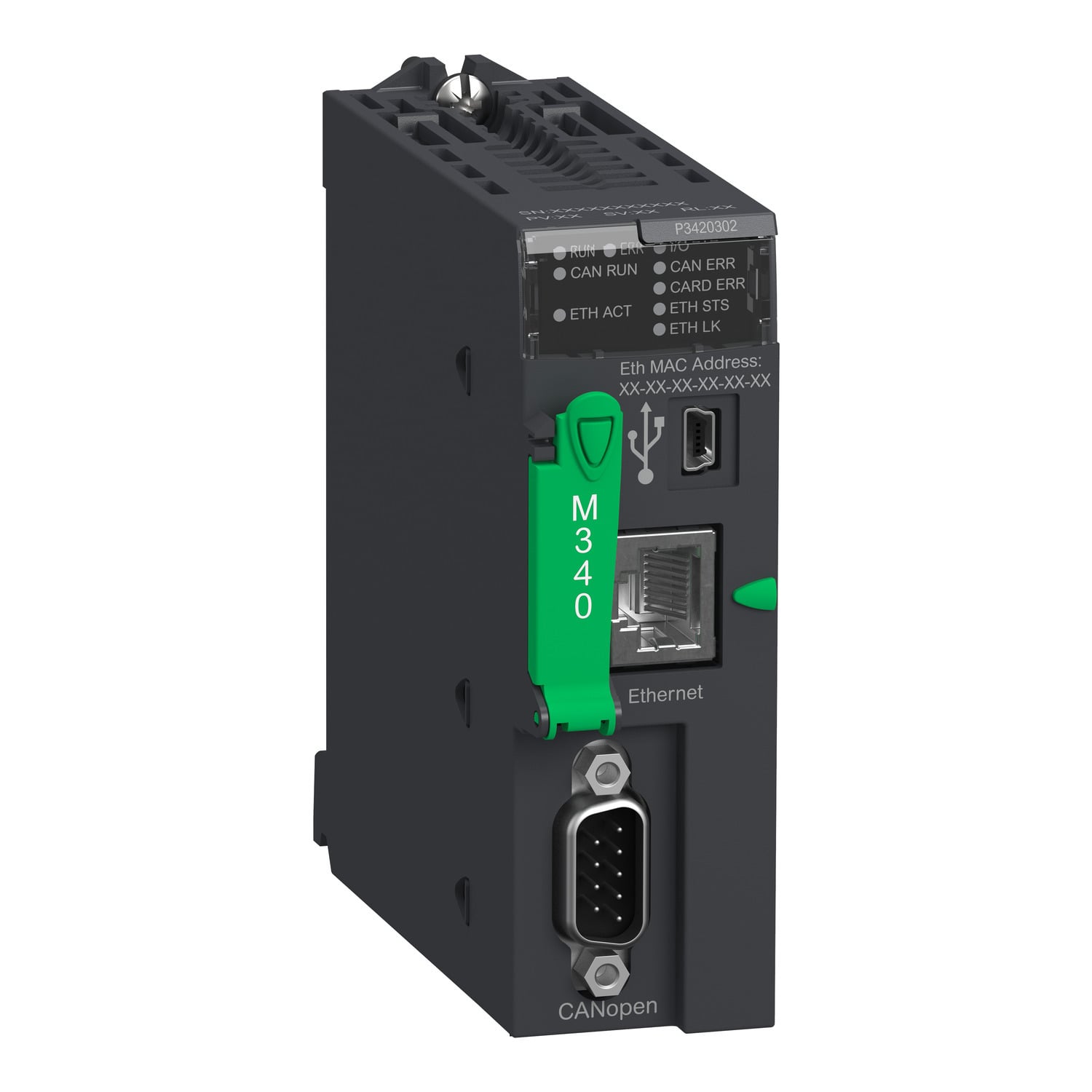 processor, Modicon M340, max 1024 discrete, 256 analog IO, CANopen, Ethernet
