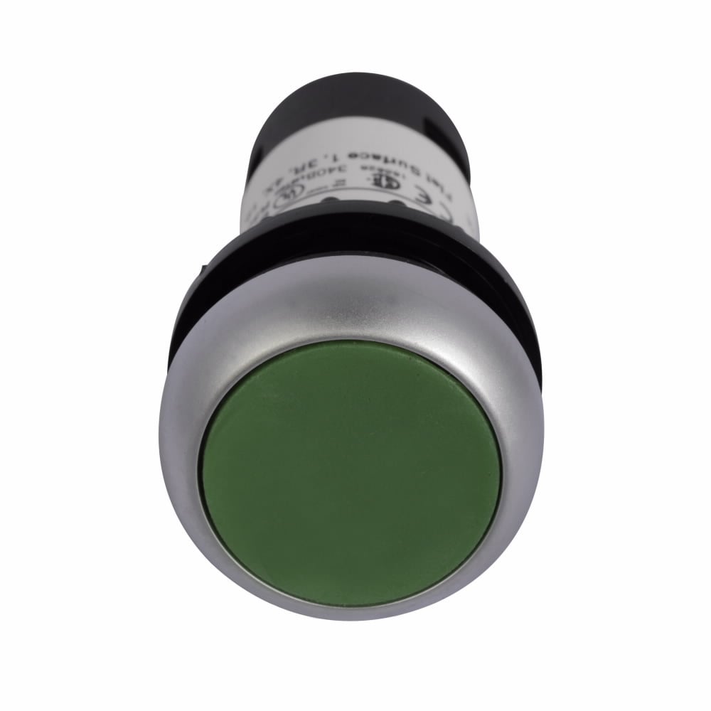 Eaton, 22.5 mm RQM Compact Pushbutton,Green,Plastic Actuator,Silver bezel,1NO,IP 67, IP69K,Non-Illuminated,Flush mounting,NEMA 4X, 13,5,000,000 operations,Momentary,22.5 mm,Flush Pushbutton,C22 Series