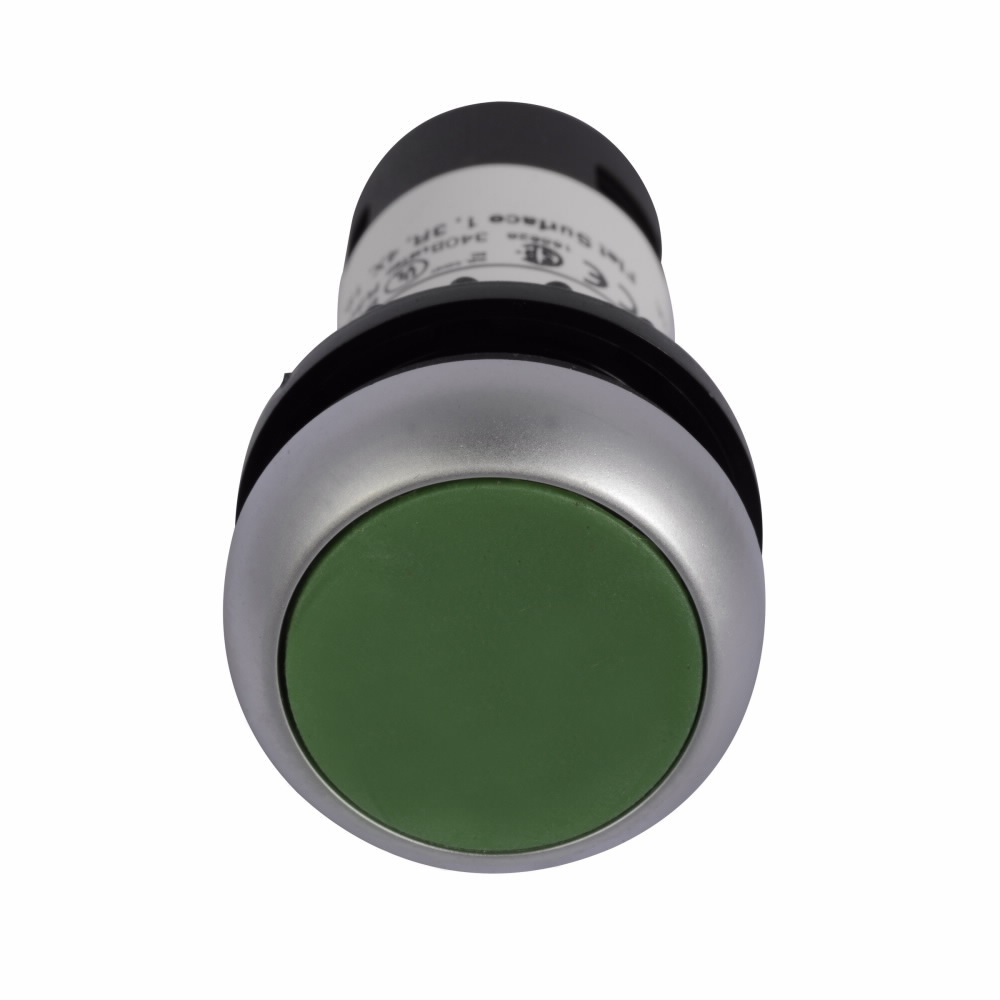 Eaton, 22.5 mm RQM Compact Pushbutton,Green,Plastic Actuator,Silver bezel,1NO - 1NC,IP 67, IP69K,Non-Illuminated,Flush mounting,NEMA 4X, 13,5,000,000 operations,Momentary,22.5 mm,Flush Pushbutton,C22 Series