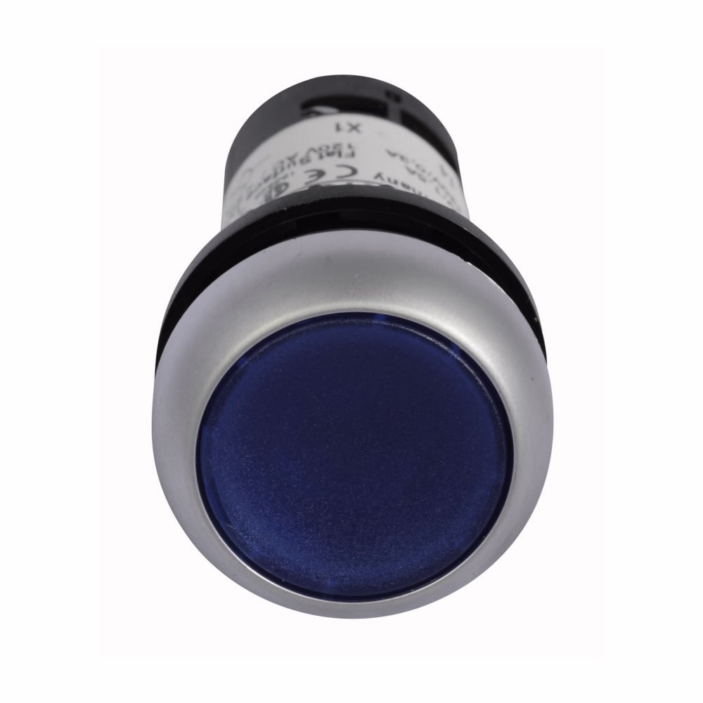 Eaton C22, 22.5 mm Compact Pushbutton, Illuminated, Button, LED, Silver Bezel, Flush, Momentary, Button: Blue, 1NO, 44 Vac/vd