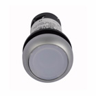Eaton C22 compact pushbutton, 22.5 mm Compact Pushbutton, Illuminated, Button, LED, Silver Bezel, Flush, Momentary, Button: White, 1NO, 44 Vac/vd