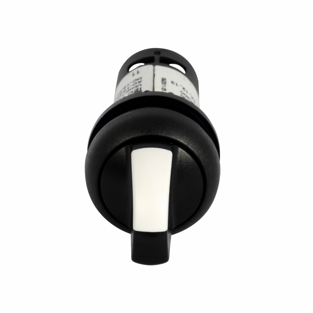 Eaton C22 compact pushbutton, C22, 22.5 mm Compact Pushbutton Selector Switch, Non-Illuminated, Knob, Button: Black Bezel, Maintained, 60? V Position, Button: Button: Black/White, 1NO, 3-position