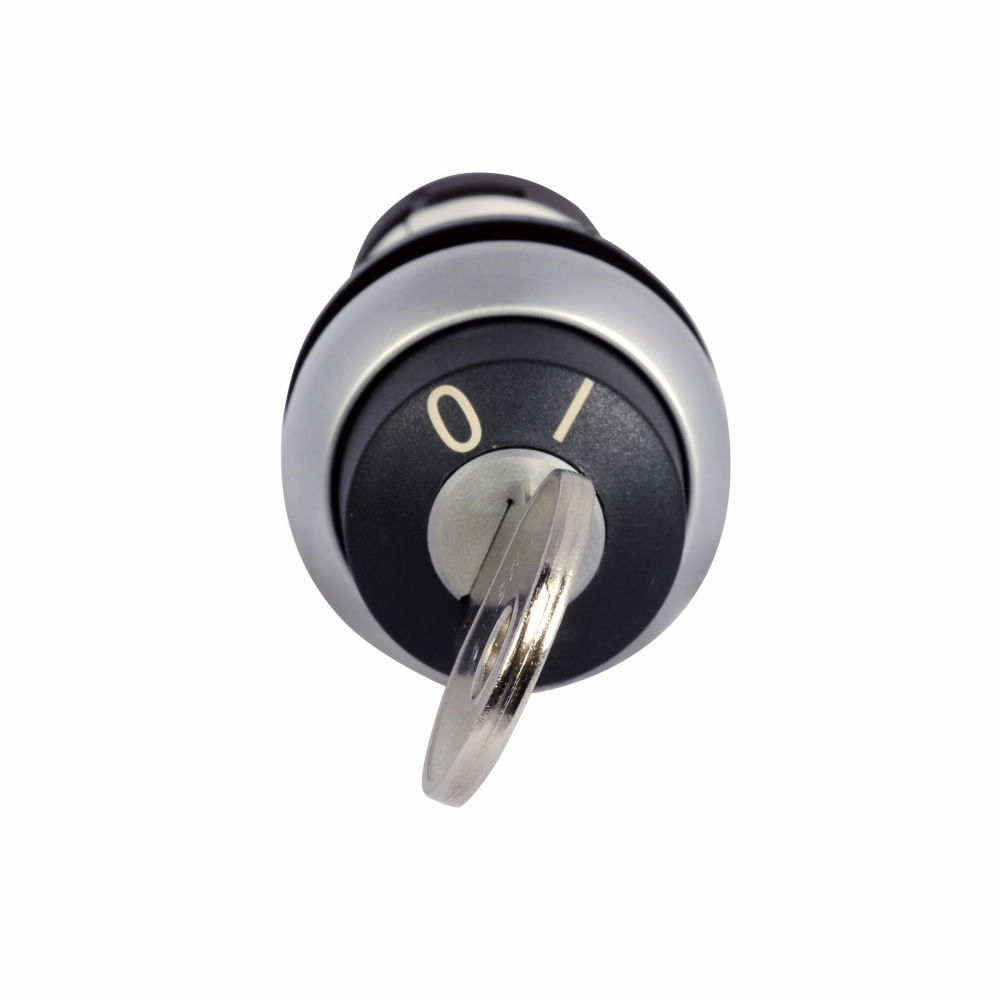 Eaton C22 compact pushbutton 22.5 mm Compact Pushbutton Selector Switch, Non-Illuminated, Key Operated, Silver Bezel, Momentary, key removal left 40?, Button: Black, 2NO, 2-position