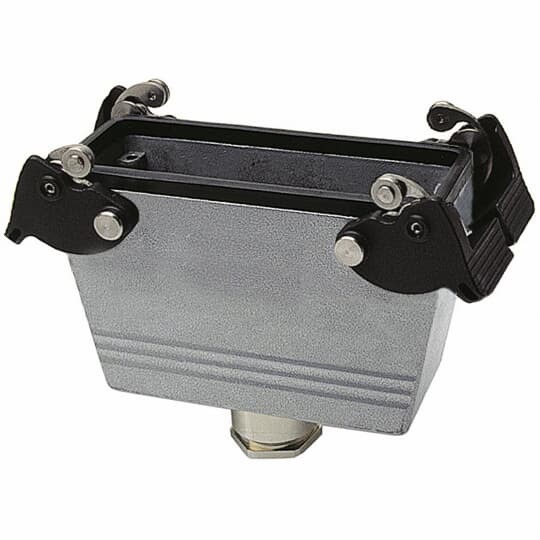 Double lever locing inline coupler hood with top entry, 32 contacts, NPT entry - 1 Inch  x 1 Inch
