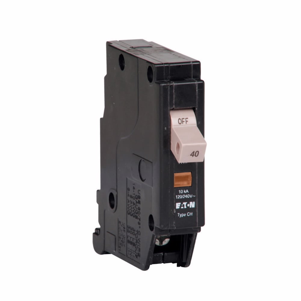 Eaton CH thermal magnetic circuit breaker,Type CHF 3/4-Inch standard circuit breaker,40 A,10 kAIC,Single-pole,120/240V,CHF,Trip flag, common breaker trip,#14-2 AWG Cu/Al,CHF,Type CH Loadcenters