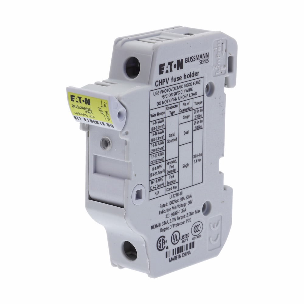 Eaton Bussmann series CHPV photovoltaic fuse block|Eaton Bussmann series Photovoltiac Fuse Holder, 1000 Vdc, 30A, Modular, Single-pole - CHPV1IU