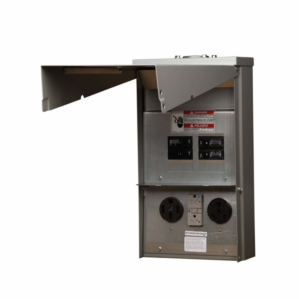 Eaton pedestal mount unmetered, Water and tamper resistant center receptacle, Unmetered, 50A, 20A, None, Non-ground fault, Non-ground fault, None, Top, Surface, Circuits: 4, NEMA 14-50R, NEMA 5-20R2GF, None, 4, 3, 0, 125/250V, 125V, None