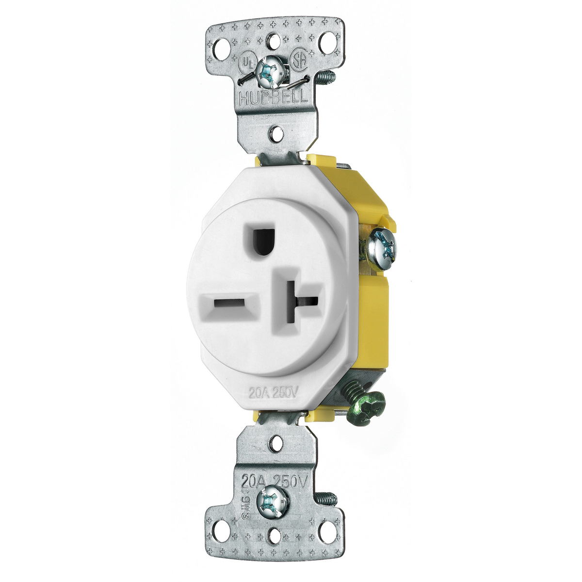 Straight Blade Devices, Receptacles, Single, Residential Grade, 20A 250V, 2-Pole 3-Wire Grounding, 6-20R, Self Grounding, White