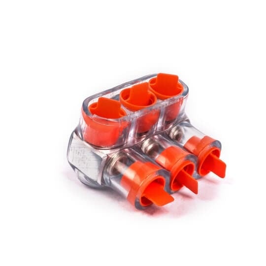 Aluminum Multi-Tap Encapsulated Cable Blocks, One-Way Configuration, Wire Range 2/0-14 Str, Hex Size 3/16 Inch, Length 2.35 Inches, Width 1.50 Inches, Height 1.63 Inches, Outlets 3, Clear Insulation