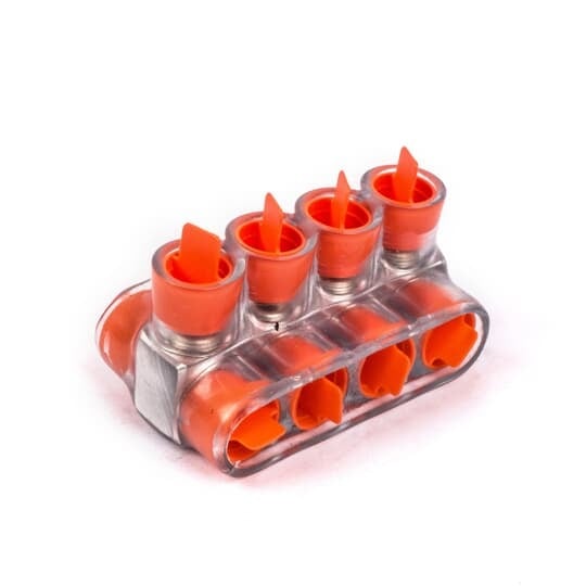 Aluminum Multi-Tap Encapsulated Cable Blocks, Two-Way Configuration, Wire Range 2/0 kcmil-14 Str, Hex Size 3/16 Inch, Length 3.08 Inches, Width 1.68 Inches, Height 1.63 Inches, Outlets 4, Clear Insulation