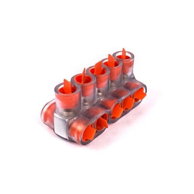 Aluminum Multi-Tap Encapsulated Cable Blocks, Two-Way Configuration, Wire Range 2/0 kcmil-14 Str, Hex Size 3/16 Inch, Length 3.80 Inches, Width 1.68 Inches, Height 1.63 Inches, Outlets 5, Clear Insulation